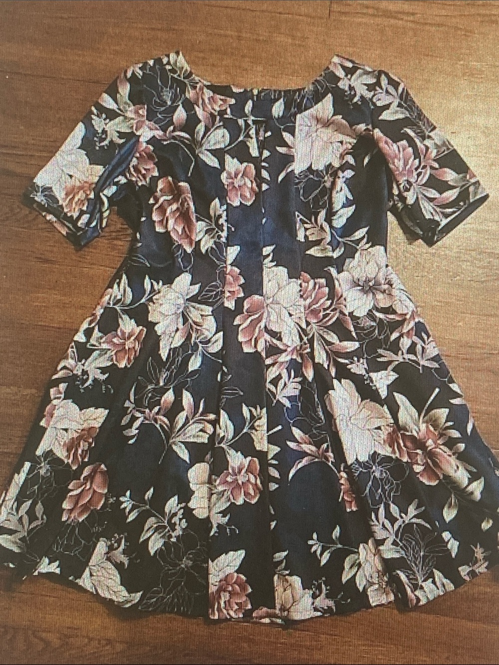 Roz & Ali Navy Floral Short Sleeve Fit-and-Flare Dress with Pink Blooms